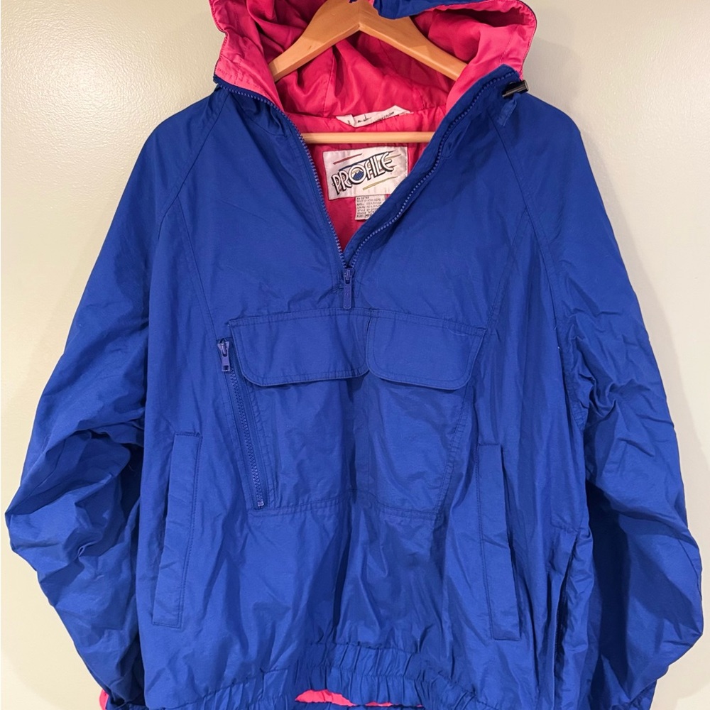 Vintage 1980s Profile Blue Pullover Windbreaker 1/4 Zip Jacket with Pink Lining